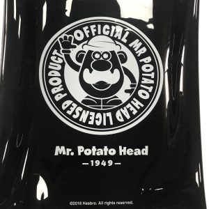 Close-up of white Mr. Potato Head silk-screen print on glossy black TPU bag