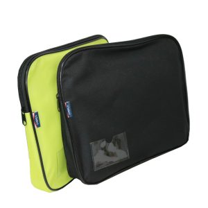 Yellow and black portable zipper bags stacked angled view with custom labels