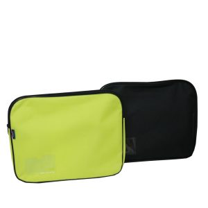 Fluorescent yellow and black zipper document pouches with black trim and side labels