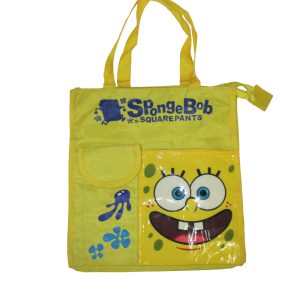 Yellow kids tote bag front view with SpongeBob print and multiple front pockets