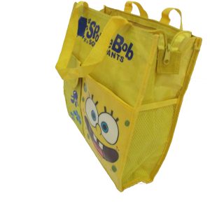Side mesh pocket detail on yellow kids tote bag