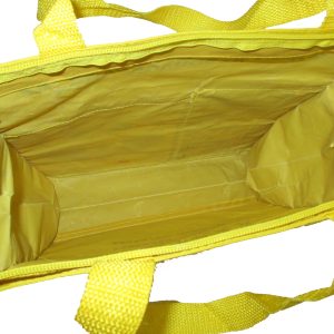 Top zipper opening and yellow interior lining of kids carry bag