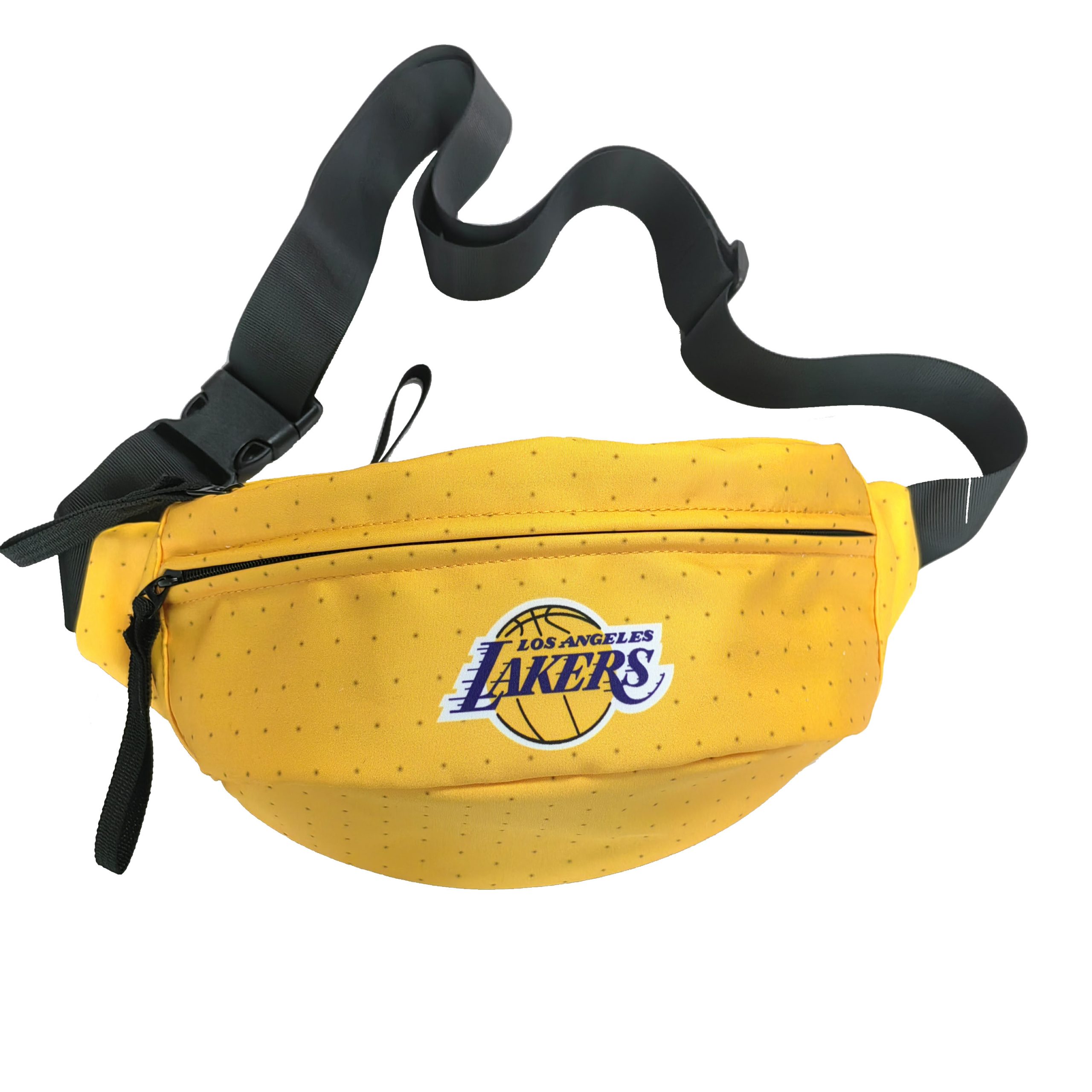 Yellow Lakers style sport waist bag with black zipper and dot texture