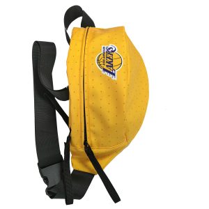 Side view of yellow Lakers waist bag showing black zipper and strap