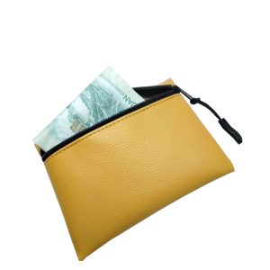 Yellow pebbled PU leather coin pouch with black zipper and pull tab