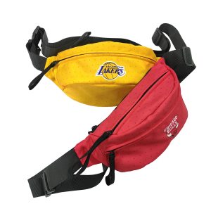 Yellow and red NBA style waist bags with team logos stacked