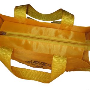 Yellow tote bag top opening showing zipper closure and woven handles