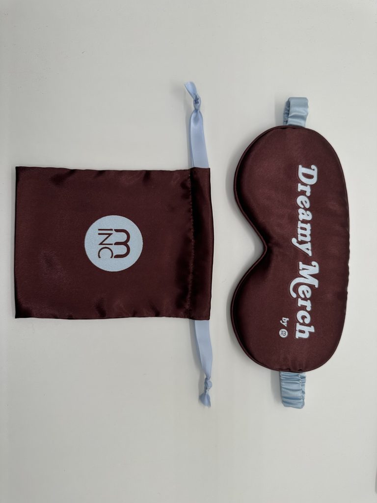Custom satin drawstring pouch with matching sleep mask, branded wedding event favor set