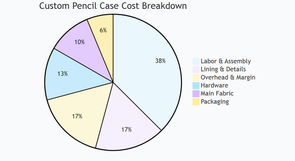 Custom pencil case cost breakdown pie chart showing labor, lining, overhead, hardware, fabric and packaging percentages