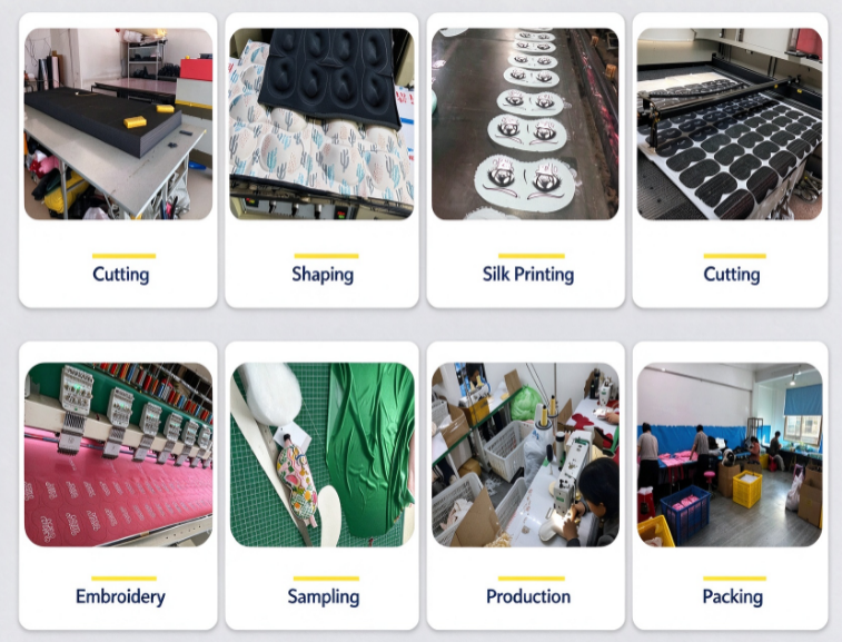Custom sleep mask manufacturing equipment showing cutting, shaping, silk printing and packing